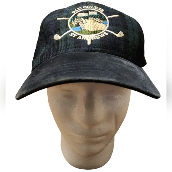 Vtg HTF Old Course St Andrews Gold Hat Green & Blue Plaid With Blue Suede Brim - Picture 1 of 9